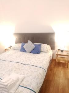 Un dormitorio con una cama con almohadas azules. en NavigliBocconi LeCase&Vacanze Ambrosiane, en Milán