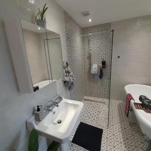 a bathroom with a sink and a shower at Forest view in Ballycassidy