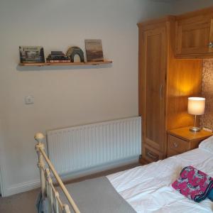 a bedroom with a bed and a lamp on a shelf at Forest view in Ballycassidy