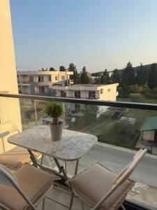 a table on a balcony with a potted plant on it at FB Apartments in Ulcinj