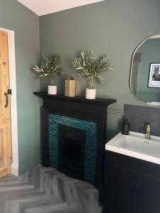 a bathroom with a fireplace with two potted plants on it at Boutique33 in Wrexham