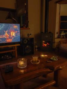 a living room with a television and a fireplace at Warm house in Bariloche - Breakfast - Barrio Belgrano in San Carlos de Bariloche