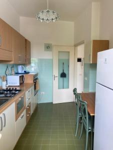 a kitchen with a table and a white refrigerator at Oleander House apartments in Torri del Benaco +38 photos