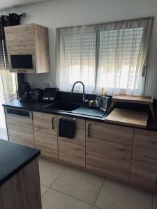 La Tour-du-CrieuDavid的厨房配有木质橱柜、水槽和窗户