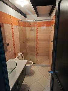 a bathroom with a glass shower and a toilet at Casa Descanso in Tunía +6 photos