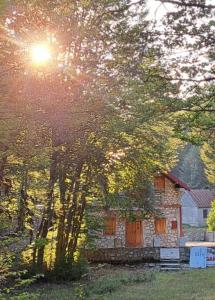 a stone house with the sun shining through some trees at VD Forest villa in Cetinje