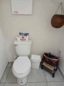 a white bathroom with a toilet and a basket at Casa Termar in Machorra