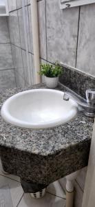 a bathroom counter with a white sink with a potted plant at Pousada Casa Verde in Aparecida