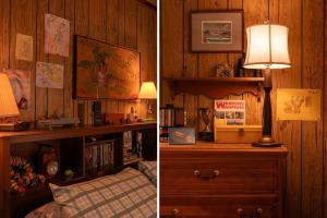 a bedroom with a bed and a lamp on a dresser at Stranger Things - Byers Home - 15 Min to ATL in Fayetteville