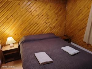 Un dormitorio con una cama con dos toallas encima. en La cabaña de Moni, en Dina Huapi