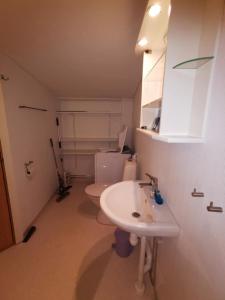 a bathroom with a white sink and a toilet at Tofta Konstgalleri-Lägenhet Loftet03 in Varberg +19 photos