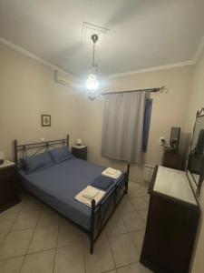 a bedroom with a bed with blue sheets and a light at Dimitris Guesthouse in Kapótidhes