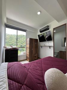 a bedroom with a large purple bed and a tv at Casa Paraíso in San Jerónimo +25 photos