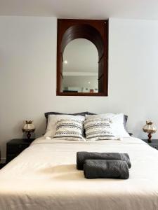 a bedroom with a large bed with a mirror on the wall at Grand Studio in Gien-sur-Cure