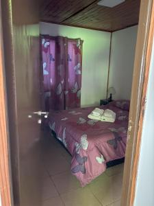 1 dormitorio con 1 cama con sábanas rosas y cortinas moradas en Awankay, en Morteros