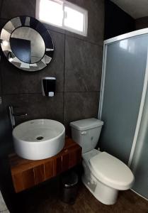 een badkamer met een wastafel, een toilet en een spiegel bij Suite descanso para dos, Paseo Durango in Durango +2 foto's