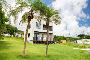 dom z dwoma palmami przed nim w obiekcie Villa Vista ISHIGAKI w mieście Ishigaki