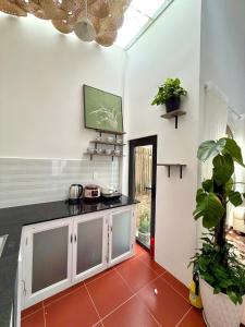 a kitchen with a counter and some plants in a room at RoBin's Home in Da Thanh