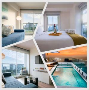 a collage of four pictures of a room with a pool at Connect Apartment by Vibrant in Lima
