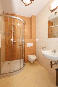 a bathroom with a shower and a toilet and a sink at Willa Saga in Władysławowo +54 photos