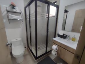 a bathroom with a shower and a toilet and a sink at Un lugar especial en San Salvador in San Salvador +42 photos