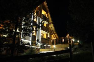 ein beleuchtetes Haus in der Nacht mit Licht in der Unterkunft Villa Natural Wood in Zlatibor