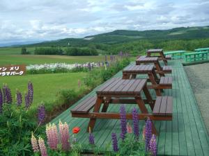 a row of picnic tables in a garden with flowers at B&B Ken&Mary in Biei +21 photos