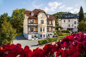 eine Gruppe von Häusern mit roten Blumen im Vordergrund in der Unterkunft Hotel Rosenau in Bad Harzburg