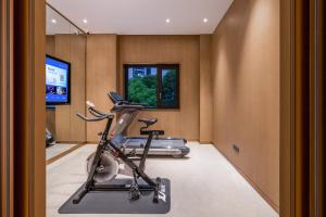 a room with a gym with a treadmill and a tv at 武汉汉口金融中心万象城漫心酒店 in Wuhan
