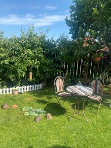 two chairs and a table in the grass at Chez Little Black Cat in Patrington