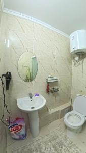 a bathroom with a sink and a toilet and a mirror at Raduga West Apartments in Koshkolʼ +6 photos