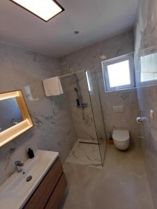 a bathroom with a shower and a toilet and a sink at Apartman Danijel in Bibinje
