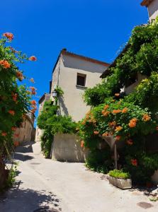 een steegje met een gebouw met bloemen erop bij La Clé de l'Arboux in Mandagout