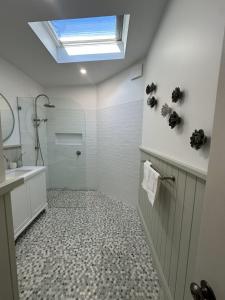 a bathroom with a shower and a sink and a skylight at Bisham Cottage in Katoomba
