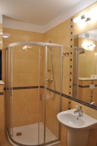 a bathroom with a shower and a sink at Apartament Motyl in Świnoujście