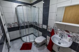łazienka z prysznicem, toaletą i umywalką w obiekcie Apartmány Vilma w mieście Lednice +14 zdjęć