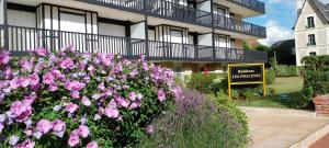 a hedge of pink flowers in front of a building at Appartement Deauville Plage Front de mer in Deauville