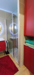 une douche avec une porte en verre dans une salle de bain dans l'établissement Appartement Deauville Plage Front de mer, à Deauville