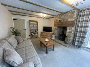 a living room with a couch and a fireplace at Riverside Cottage in Aycliffe