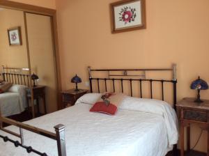 a bedroom with a bed with a red pillow on it at La Abuela Maye y Me in Carrión de los Condes
