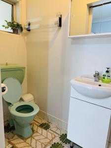 Un baño con un inodoro verde y un lavabo. en Citadel Suite, en Port Macquarie 16 fotos más
