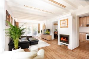 a living room with a couch and a fireplace at Geosun House in Salgótarján