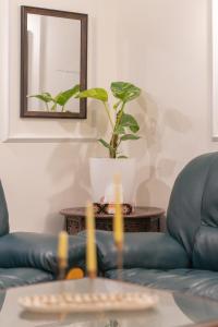 a living room with a table with a potted plant at Kutani Stays - Civil Lines in Jaipur