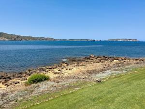 a view of a large body of water with a green field at Roca Fornells, P131 in Fornells