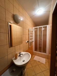 a bathroom with a sink and a shower at Pokoje przy lesie in Jantar +12 photos