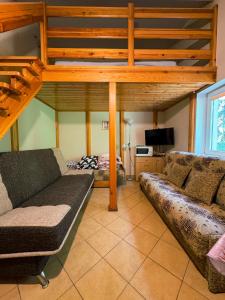 a living room with a couch and a loft at Pokoje przy lesie in Jantar