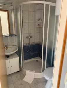 a bathroom with a shower and a toilet and a sink at Blue Sunset in Razvala +14 photos