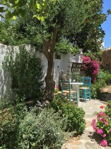 a garden with chairs and a tree and flowers at Nikoleta Rooms in Tinos
