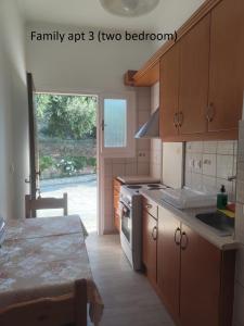 a kitchen with wooden cabinets and a stove top oven at Elaionas Holiday Home studios and apartments in Agios Stefanos