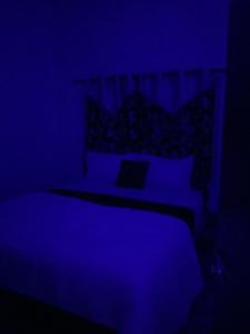 MeenangadiにあるDreaminn family Homestayの青い照明の暗い部屋のベッド